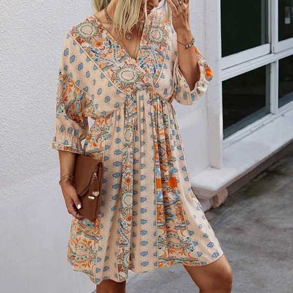 Paisley boho gypsy print dress 3/4 sleeve v neck - Picture 5 of 10